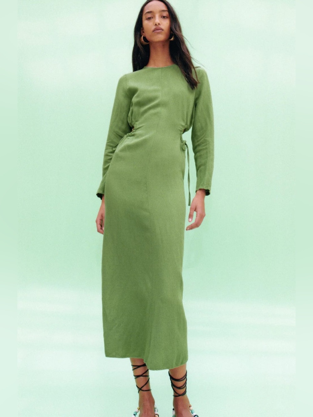 ZARA Linen Blend Cut Out Detail Apple Green Dress Bloggers Favorite Size Medium